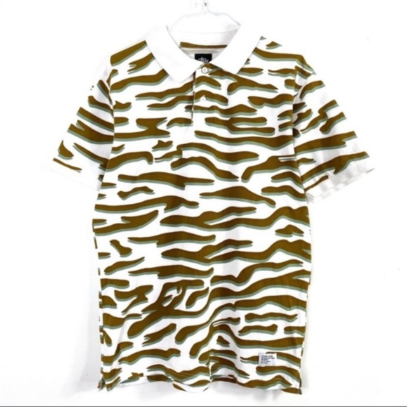 STUSSY Camouflage Print Casual Polo Shirt in White with Brown Size S - Picture 2 of 8